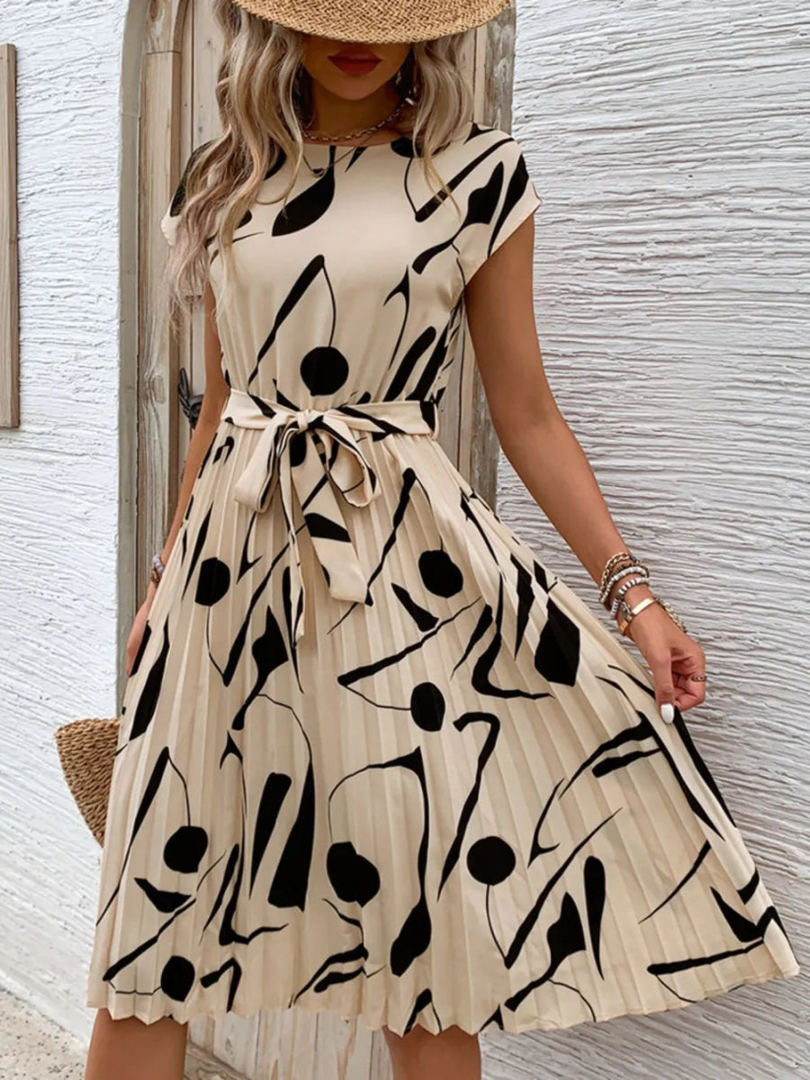 Perfee Tied Pleated Printed Cap Sleeve Dress for Women - Love Salve